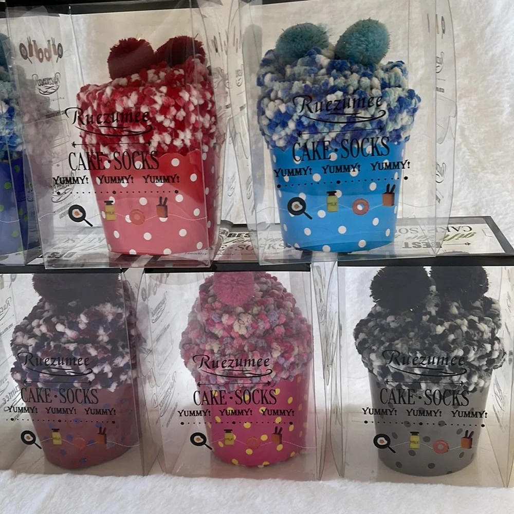Birthday Cupcake Socks with Pom Poms in Box